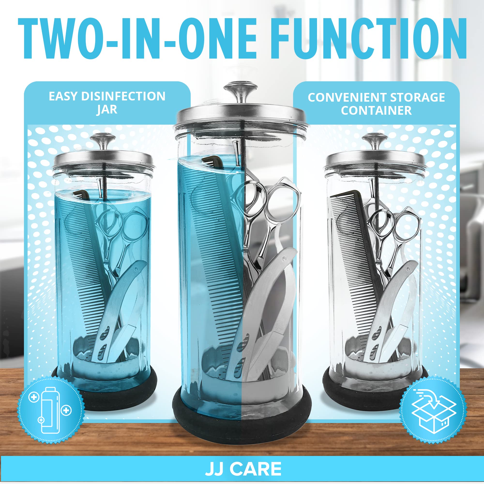 JJ CARE Disinfectant Jar in a salon setup for tool sanitizing