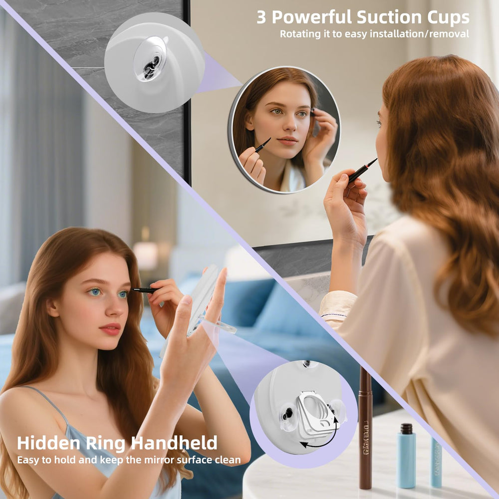 JJhxr mirror with three suction cups for secure wall mounting.