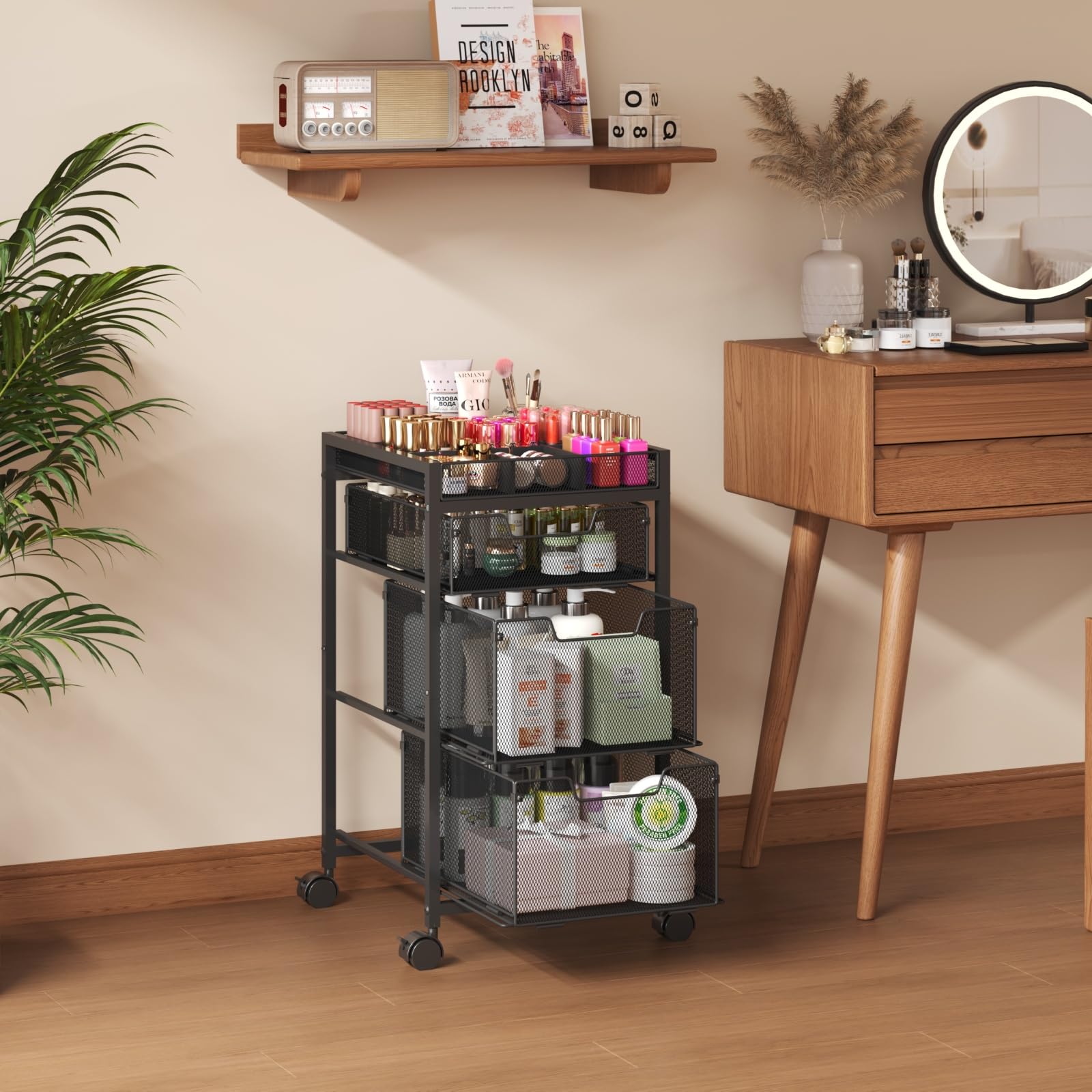 JKsmart makeup cart top dividers customized for brushes and pencils.