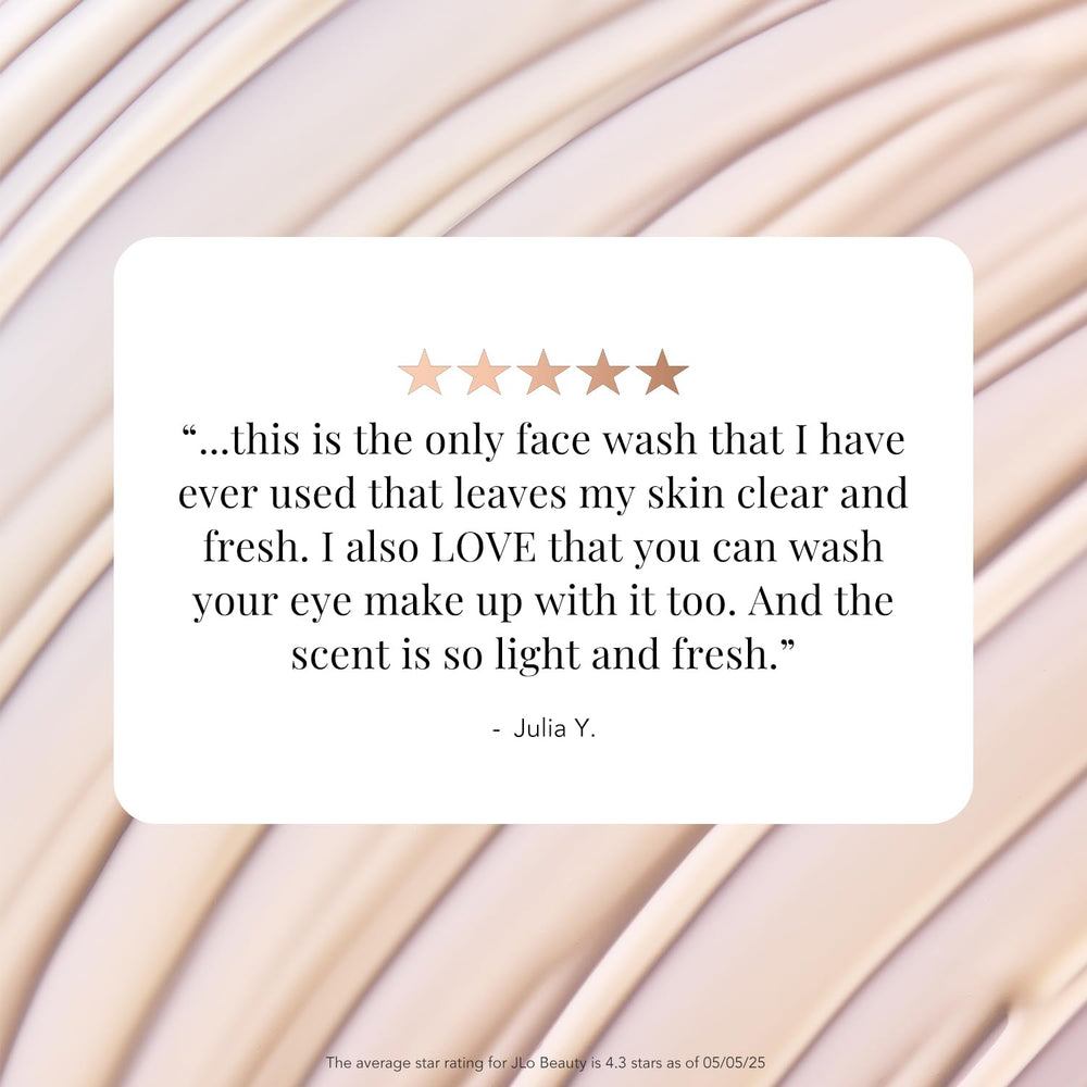 JLO BEAUTY rinse scene with water splash suggests quick makeup removal without drying.