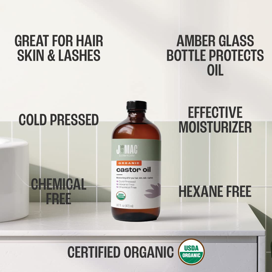 J Mac Botanicals castor oil for hair conditioning and shine.