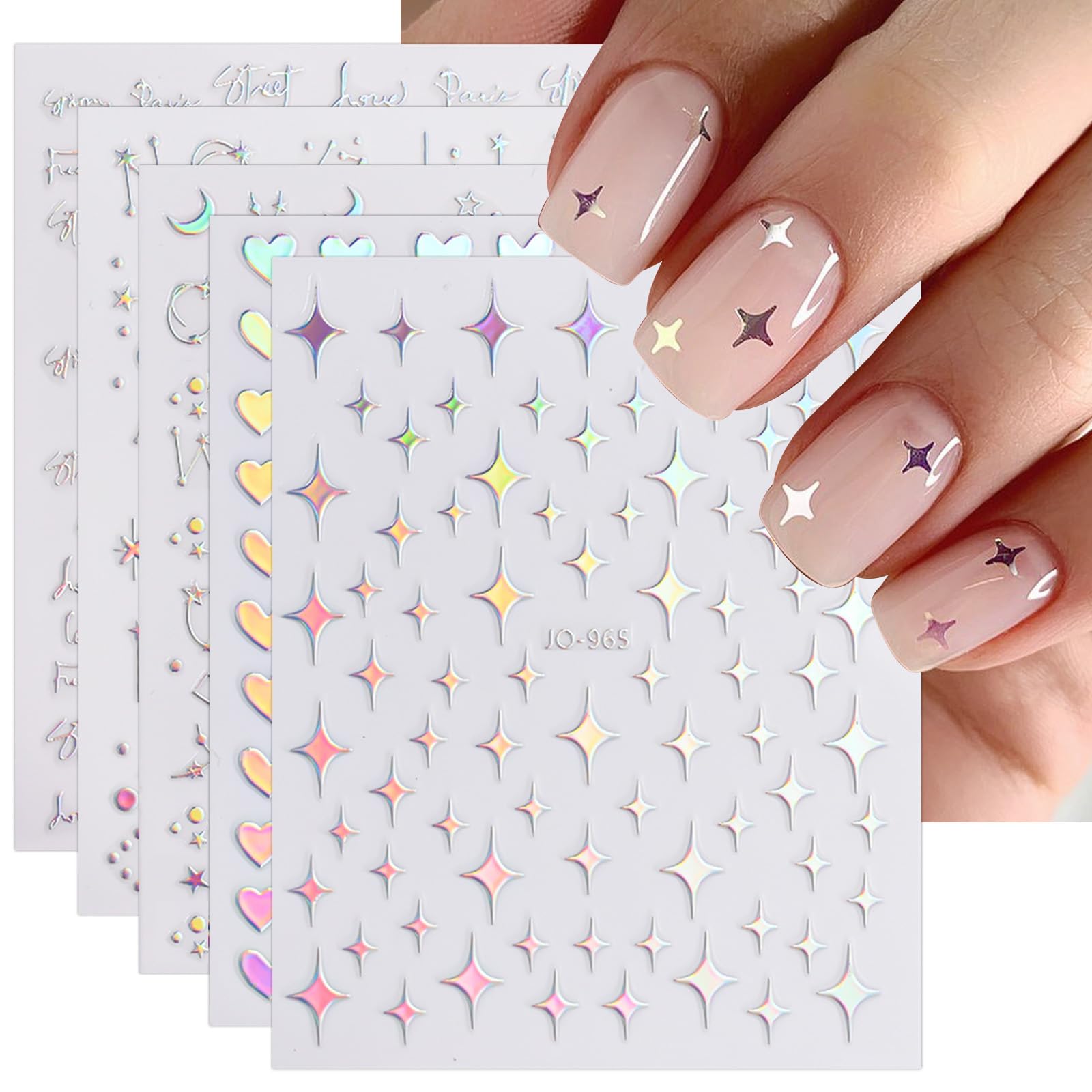 JMEOWIO Aurora: pegatinas para uñas con estrellas holográficas, aplicación rápida y acabado deslumbrante.