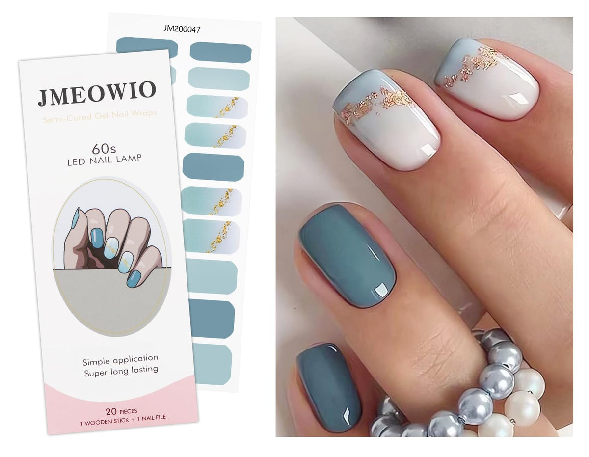 JMEOWIO gel nail stickers with gold glitter blue gradient for bold style.