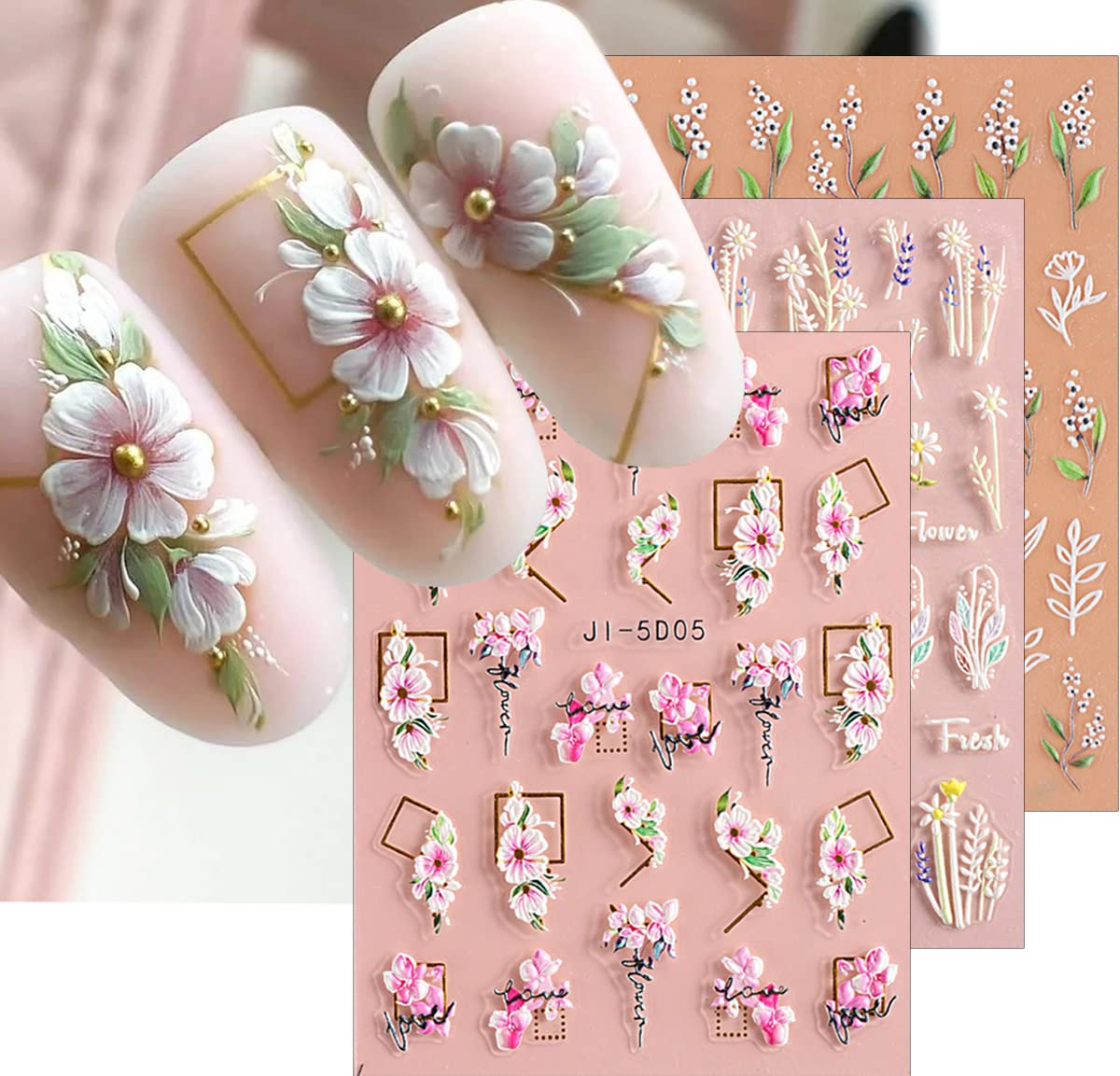 jmeowio pegatinas uñas 3d flor hojas relieve para decoración duradera