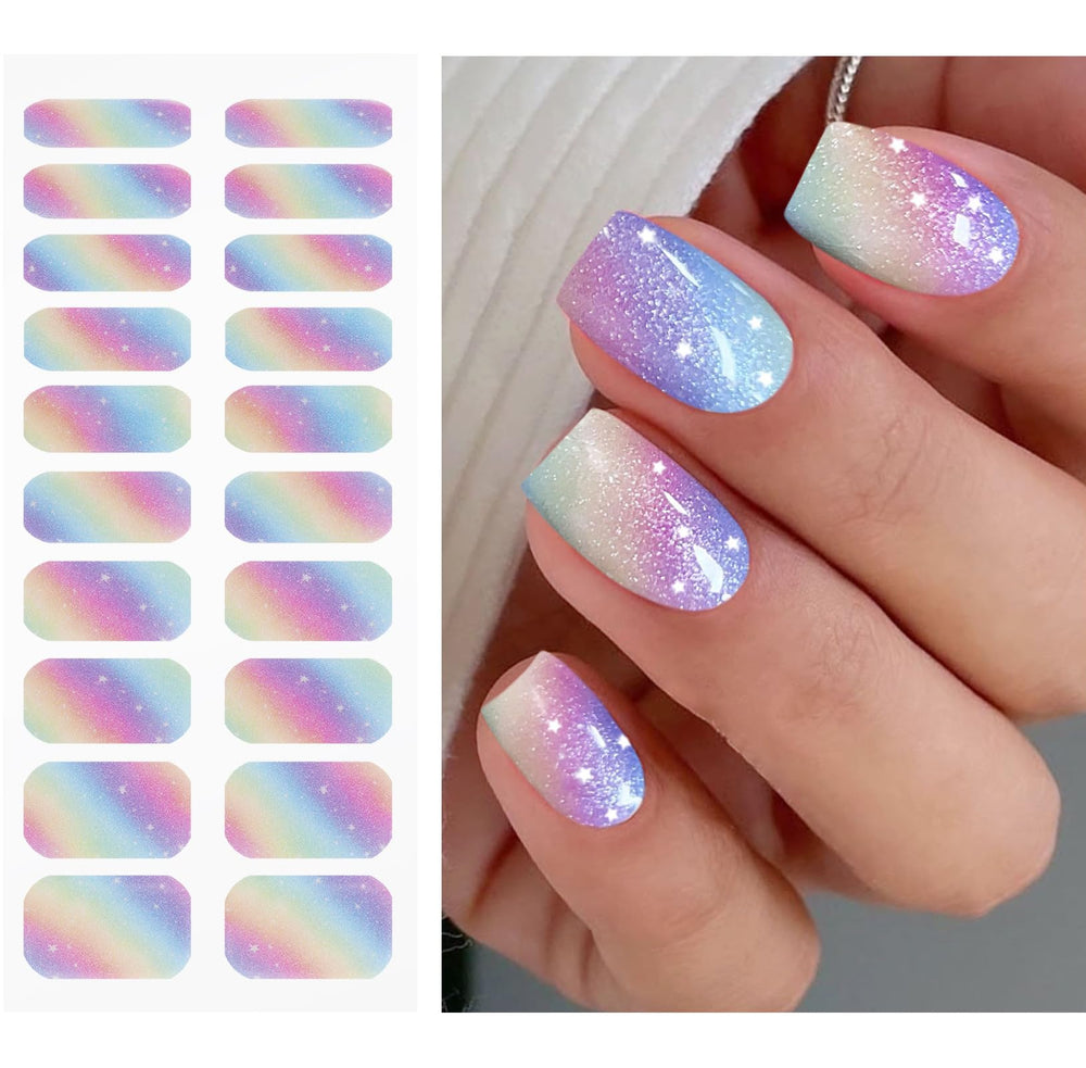 Calcomanías de uñas JMEOWIO arcoíris glitter para un look brillante y duradero.