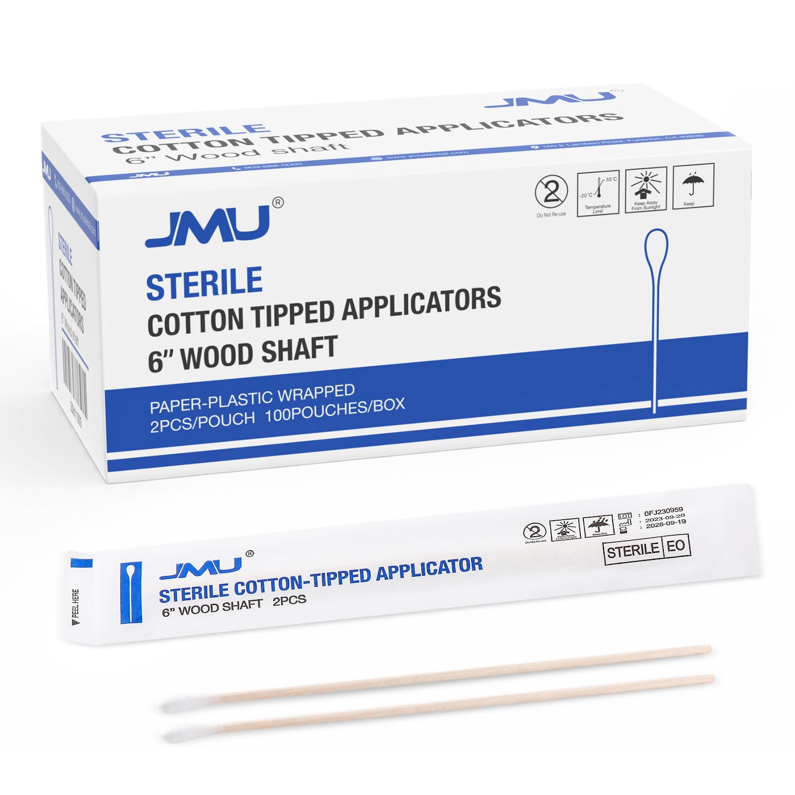 JMU 6 inch sterile cotton tipped applicators for precise application.