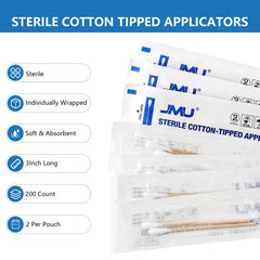 JMU sterile cotton tipped applicator with wood shaft for controlled cleaning.