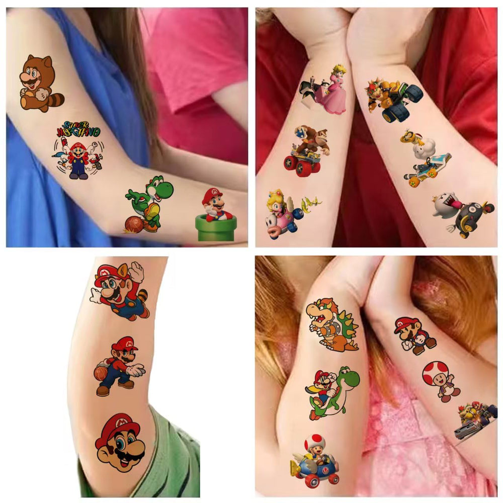 JMYUJX Mario tattoo collection spread, colorful designs for classrooms and events.