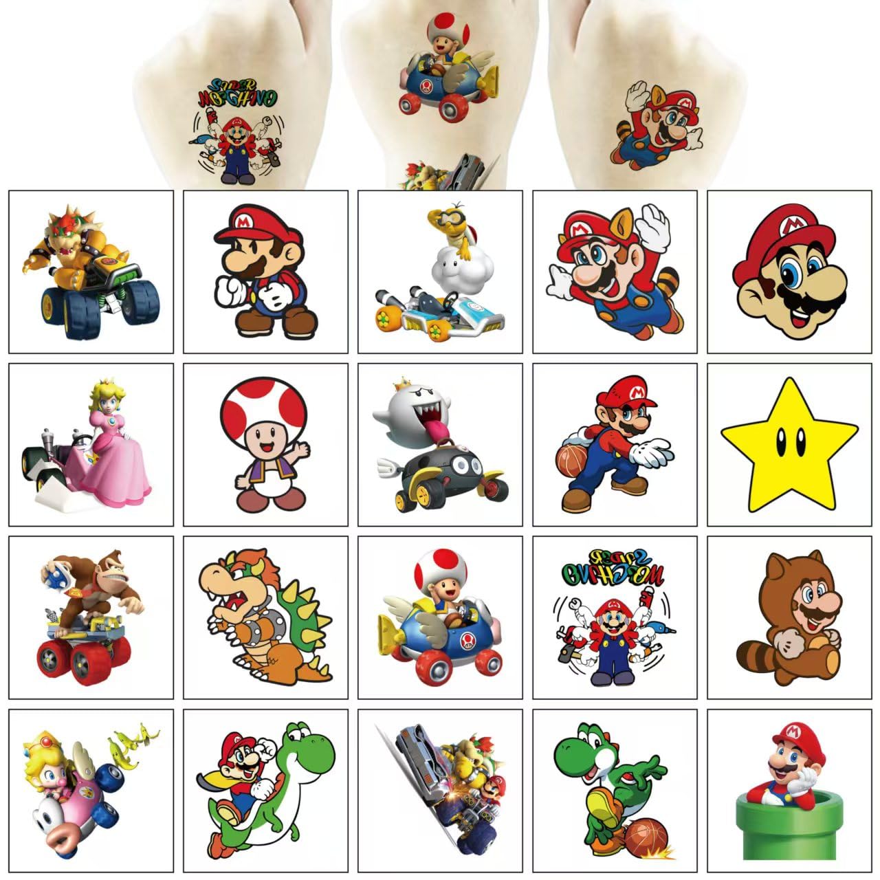 JMYUJX cartoon Mario tattoos packaging image for gift sets and displays.