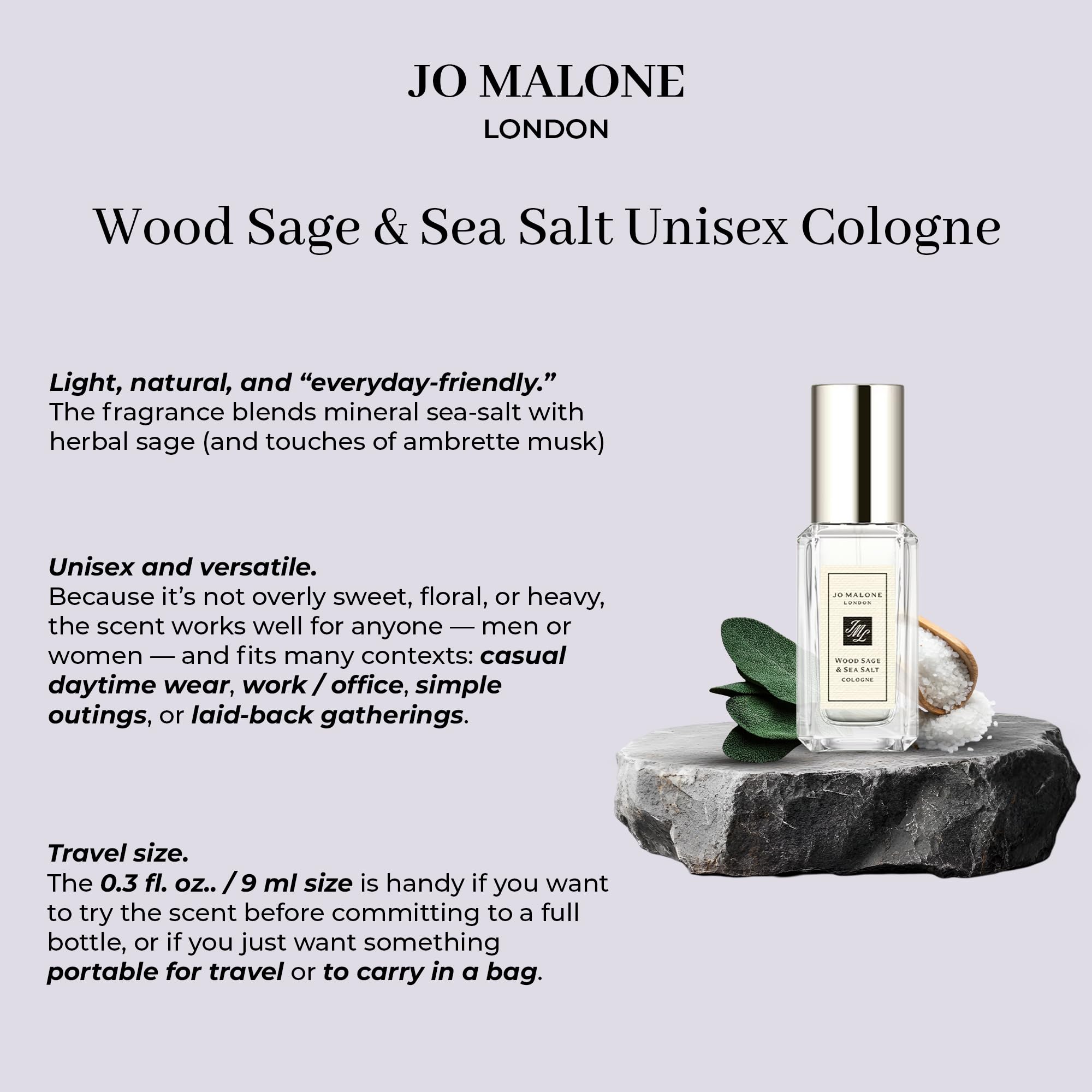 Close view of Jo Malone Wood Sage & Sea Salt mini sample packaging for trial