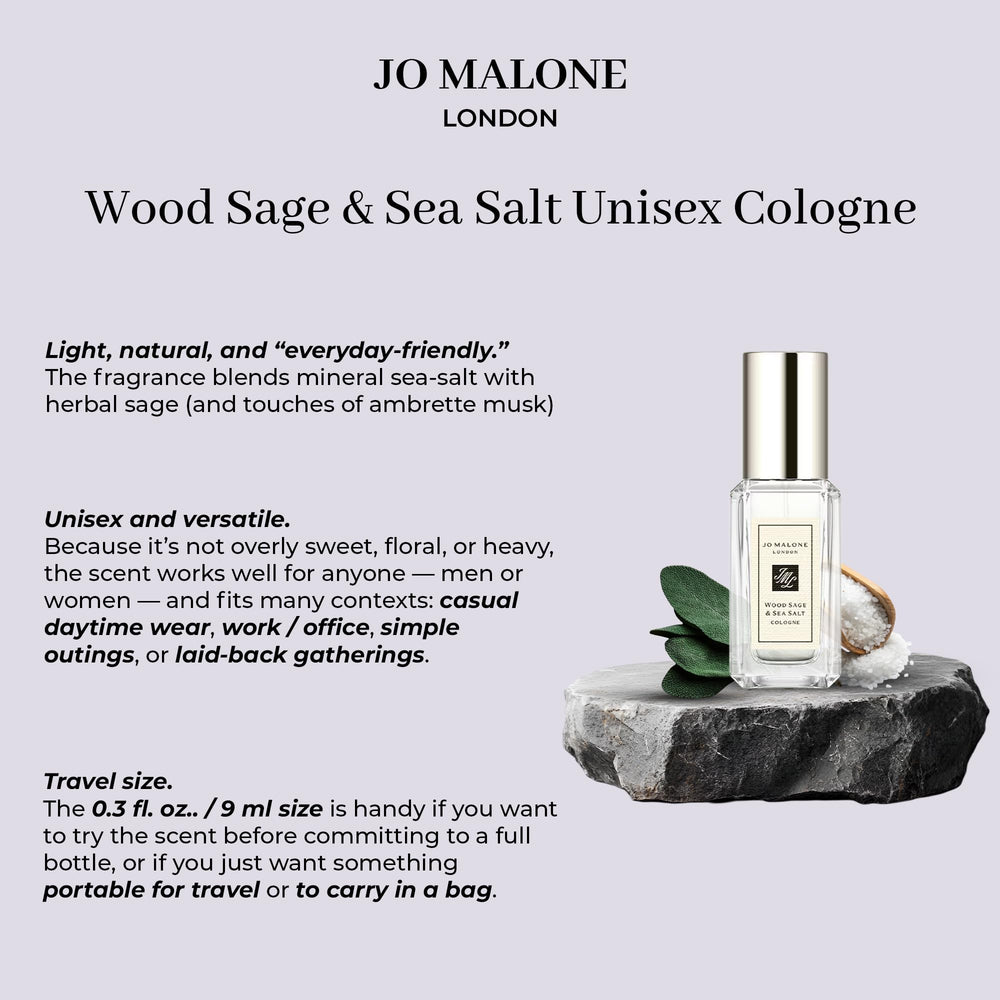 Close view of Jo Malone Wood Sage & Sea Salt mini sample packaging for trial