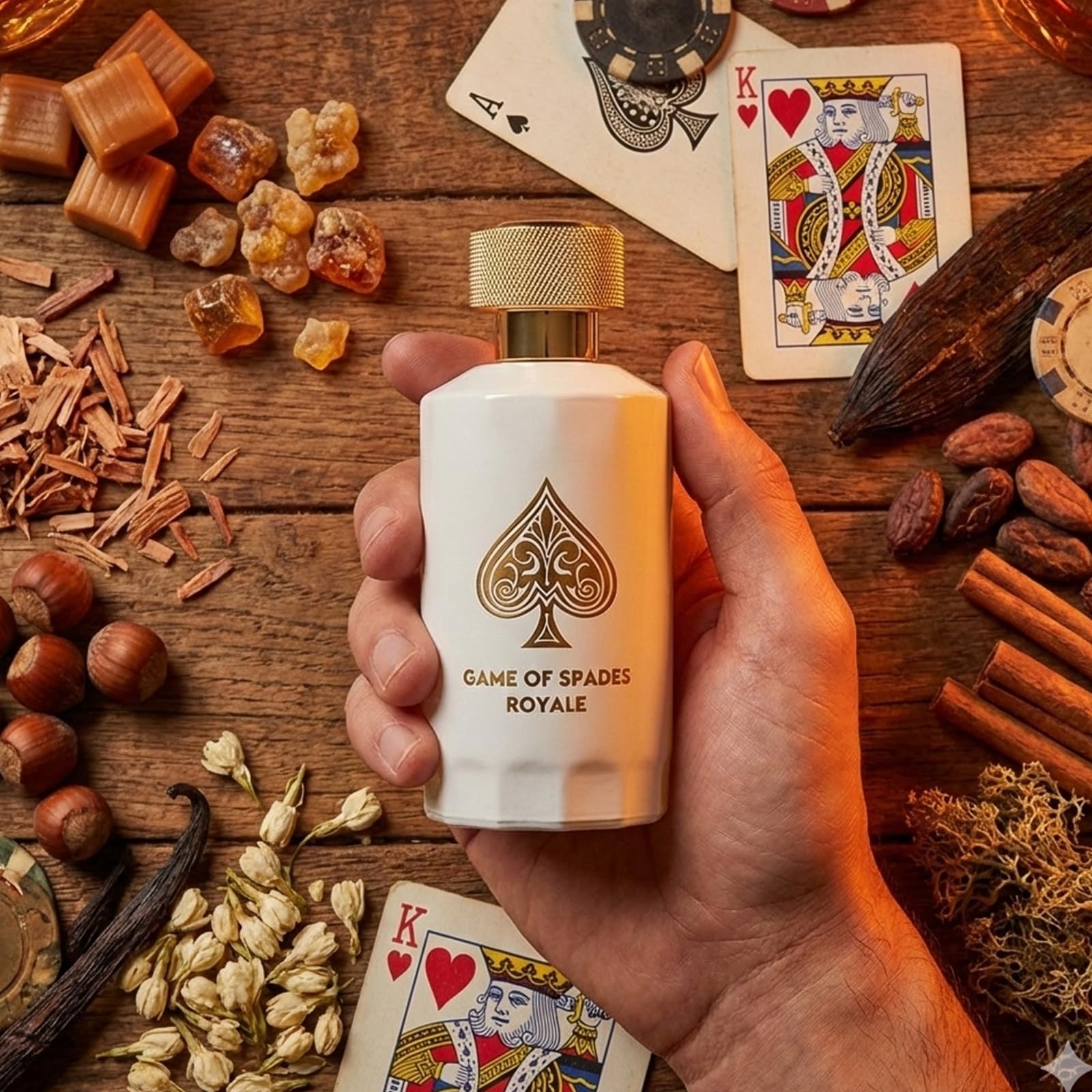 Jo Milano Game of Spades Royale wood note swatch hints at cedar warmth and depth.