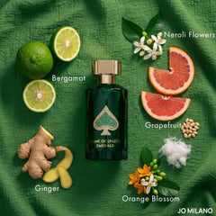 Jo Milano Game of Spades Emerald label close-up, luxury branding and premium scent.