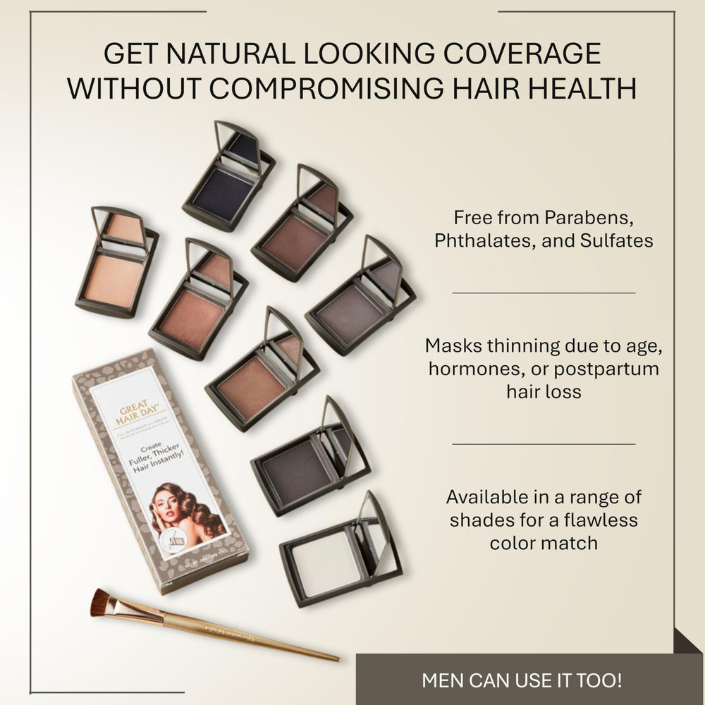 Joan Rivers Beauty Great Hair Day fill-in powder swatch illustrates Salt Pepper shade blend.