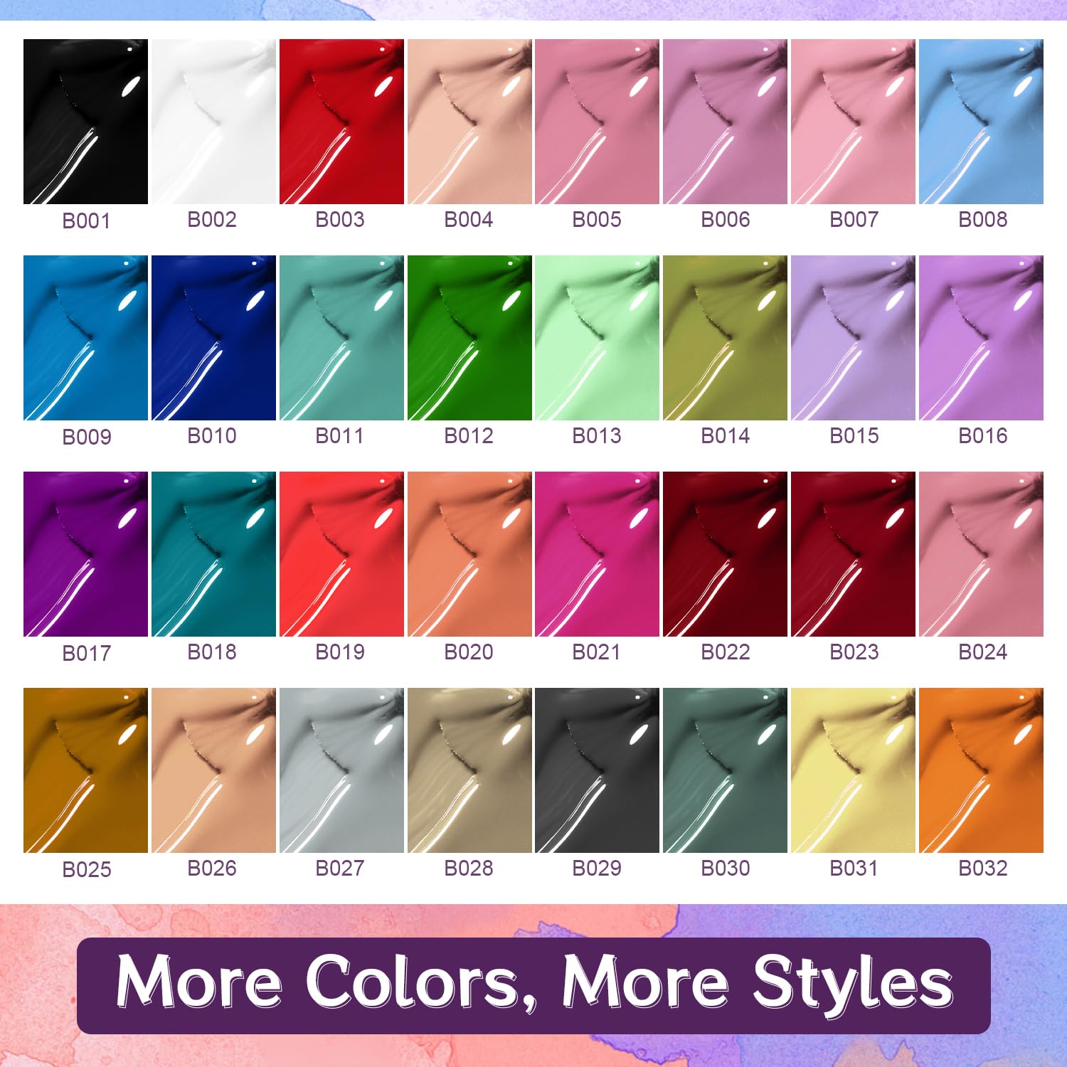 JODSONE base and top coats including matte and glitter finishes.
