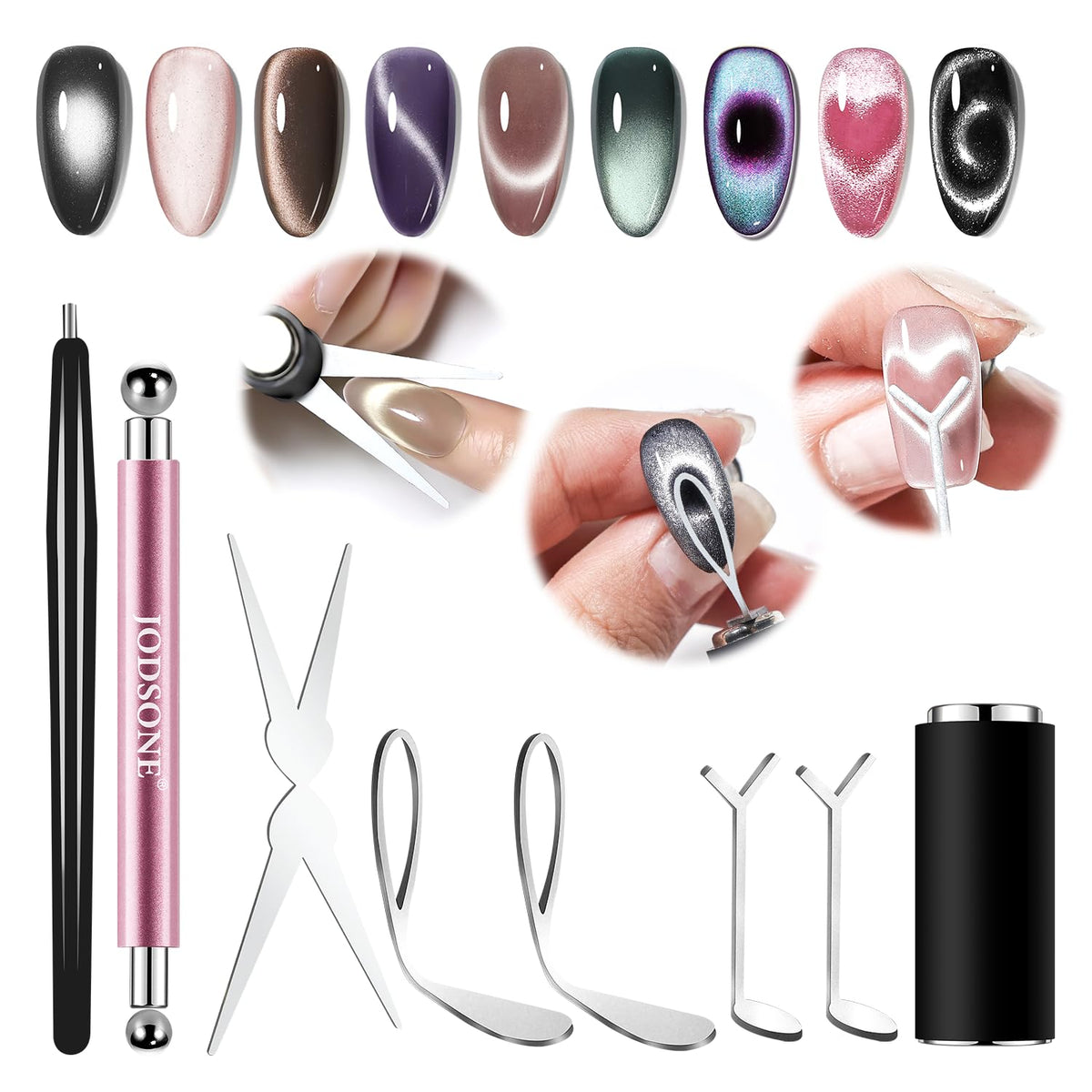 JODSONE cat eye magnet set with 3-in-1 cylinder for versatile nail art effects.