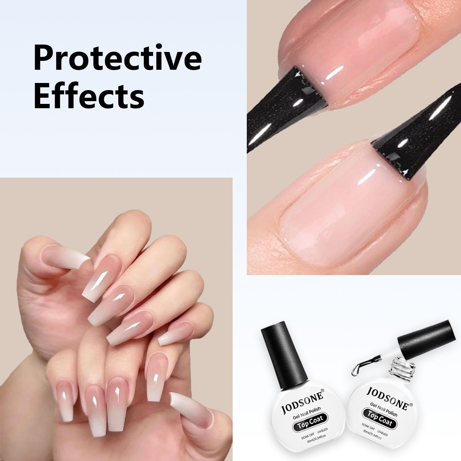 JODSONE clear gel top coat bottle highlights high-gloss shine.