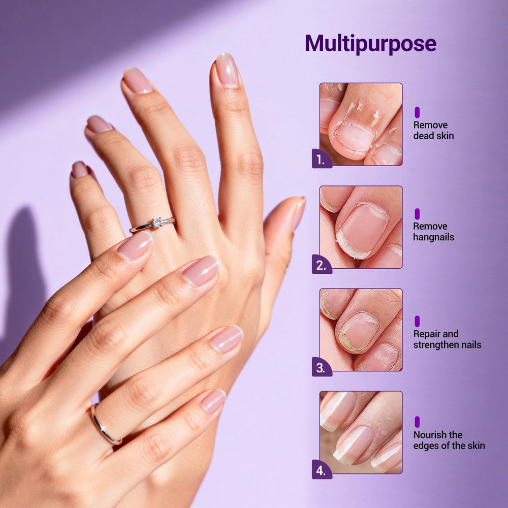 JODSONE cuticle oil applied to nails and surrounding skin for nourishment.