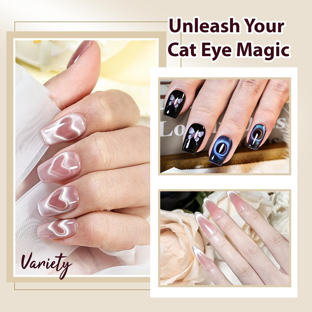 JODSONE French-tip guide enhances elegant cat eye nails.