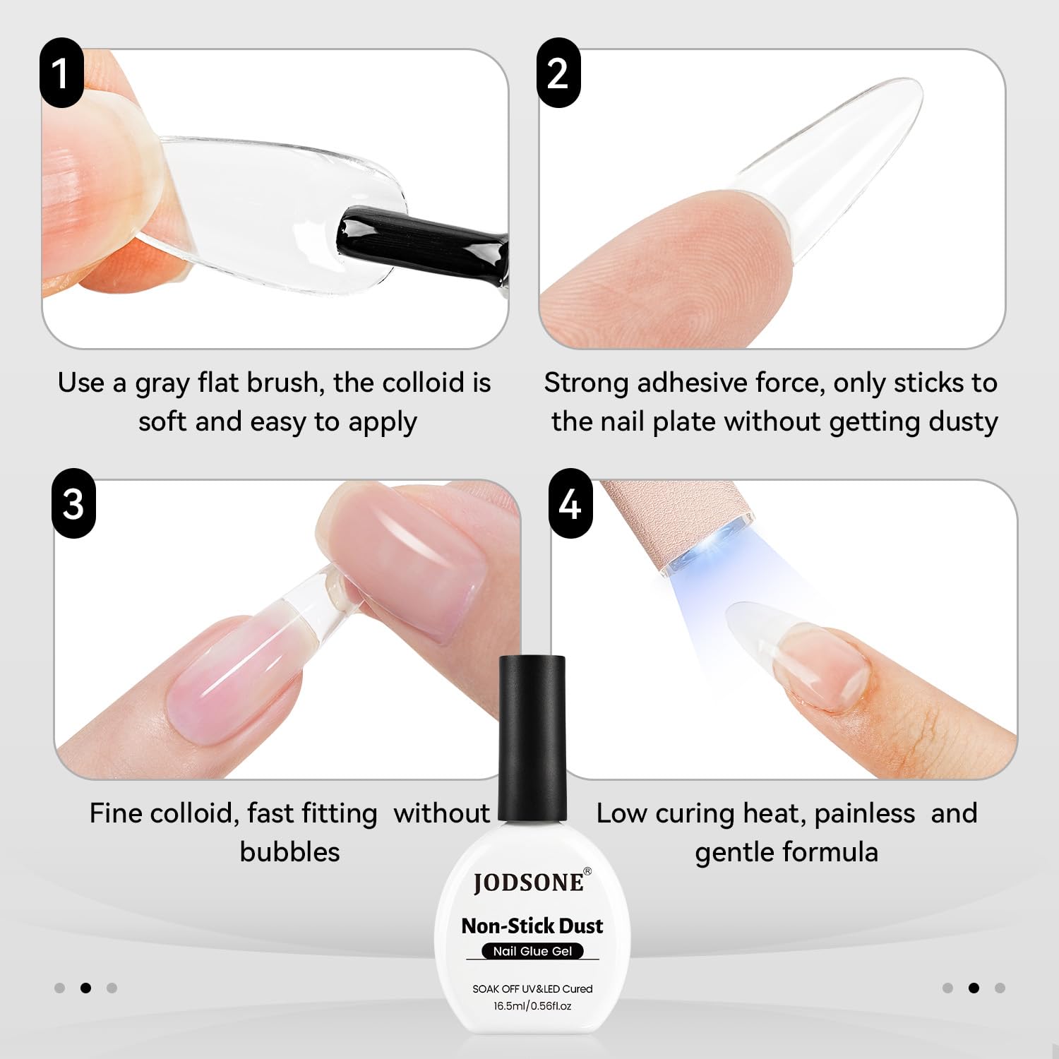 JODSONE gel nail glue bonding precision image shows controlled viscosity for even tips.