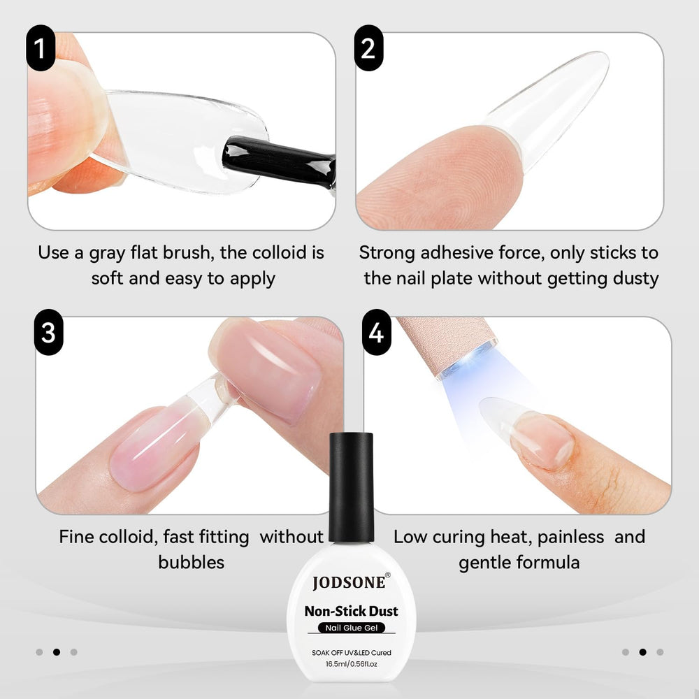 JODSONE gel nail glue bonding precision image shows controlled viscosity for even tips.