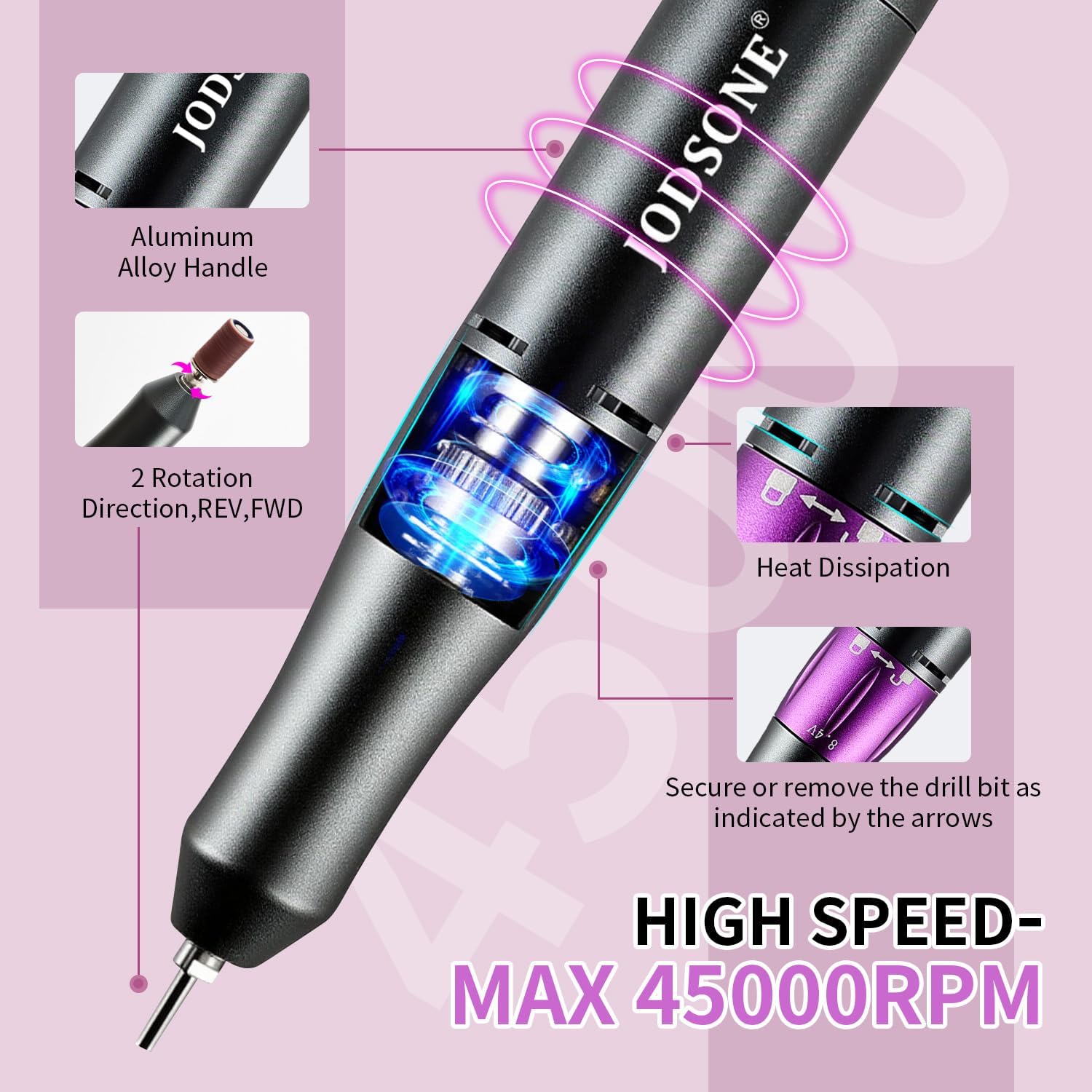 JODSONE nail drill LCD display view shows precise speed control.