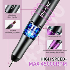 JODSONE nail drill LCD display view shows precise speed control.