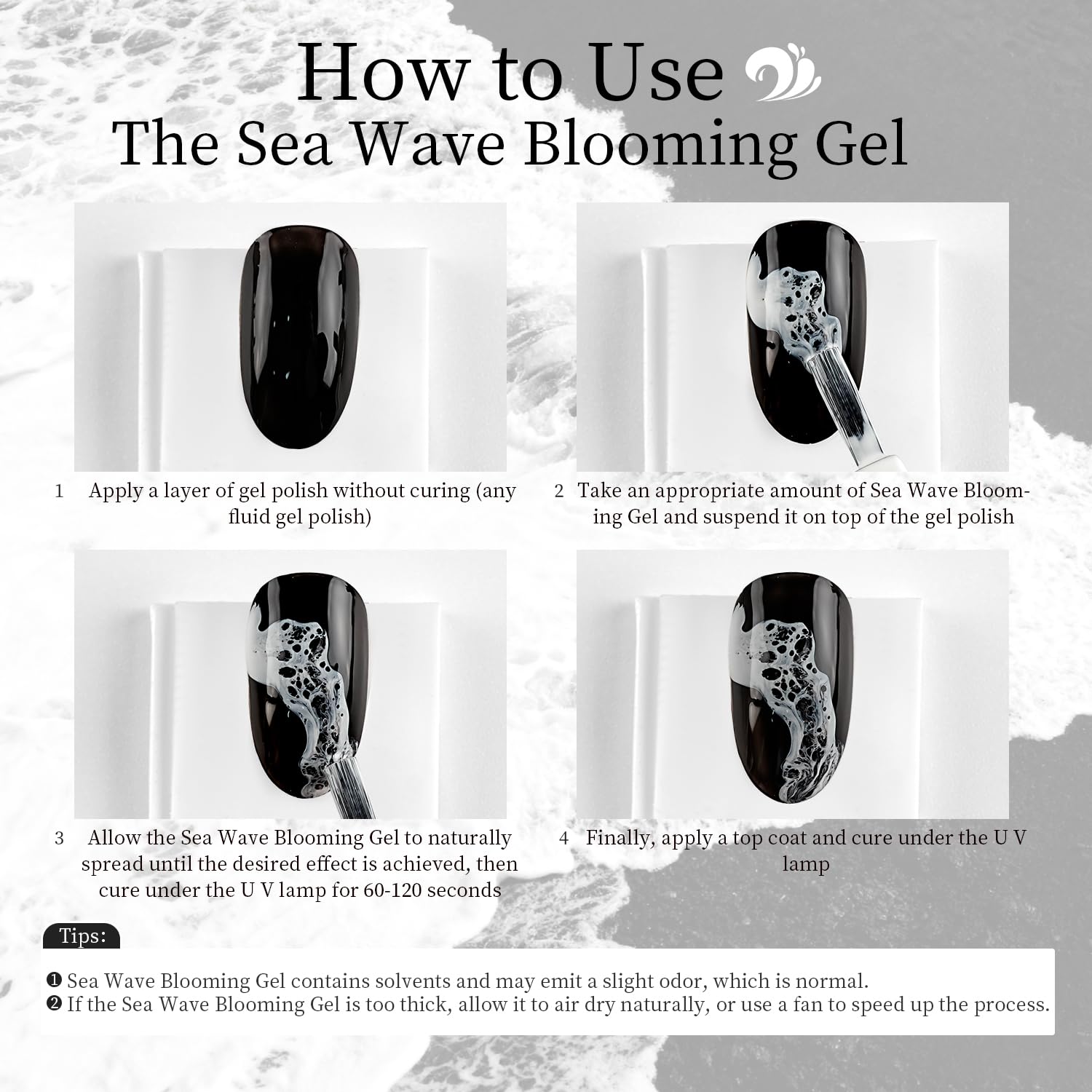 JODSONE ocean-inspired contrast between white waves and gel base for bold nail art.