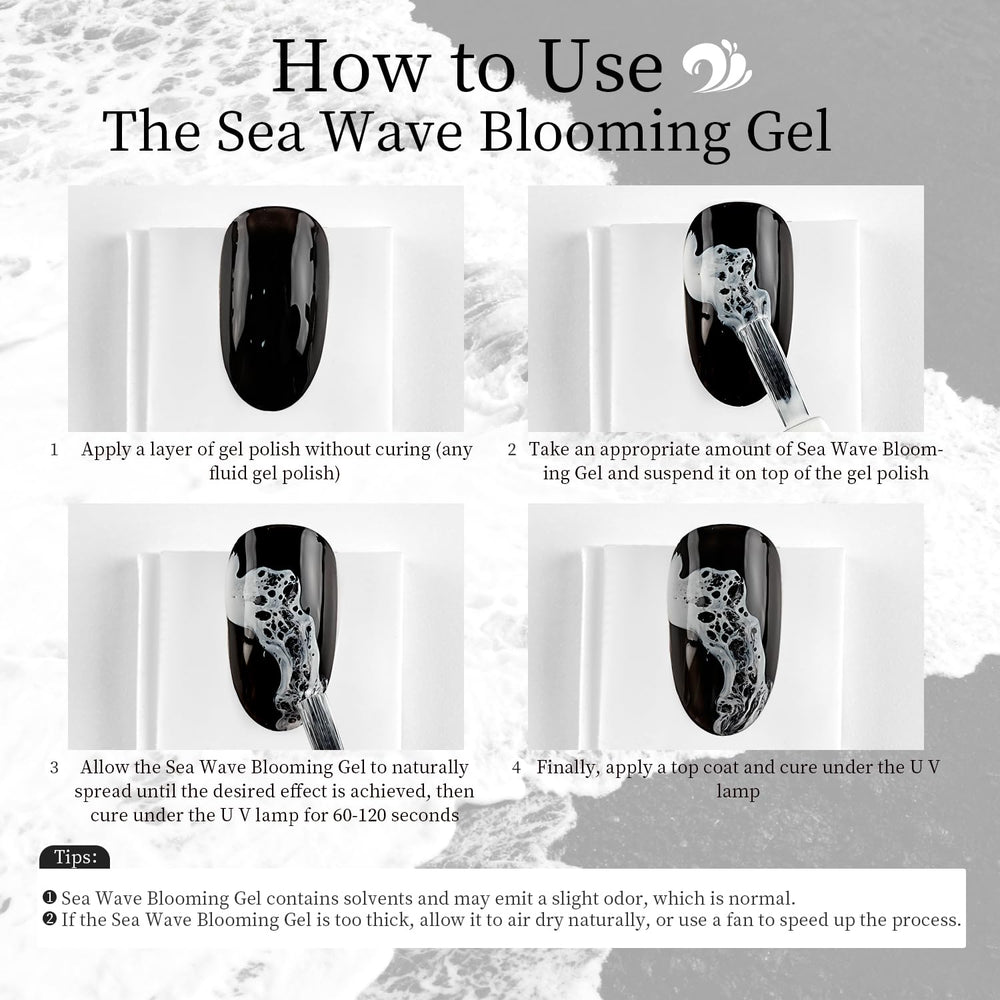 JODSONE ocean-inspired contrast between white waves and gel base for bold nail art.