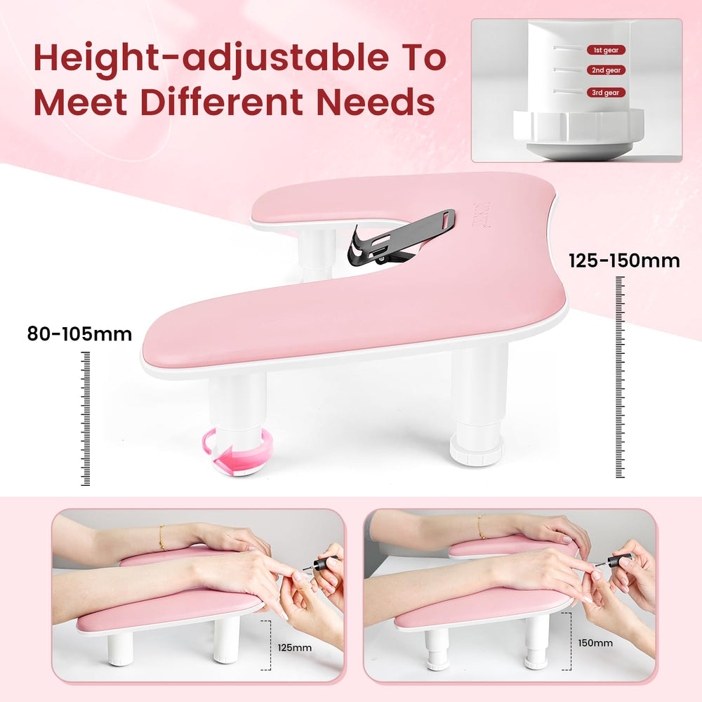JODSONE pink arm rest features built-in phone holder for tutorials during sessions.