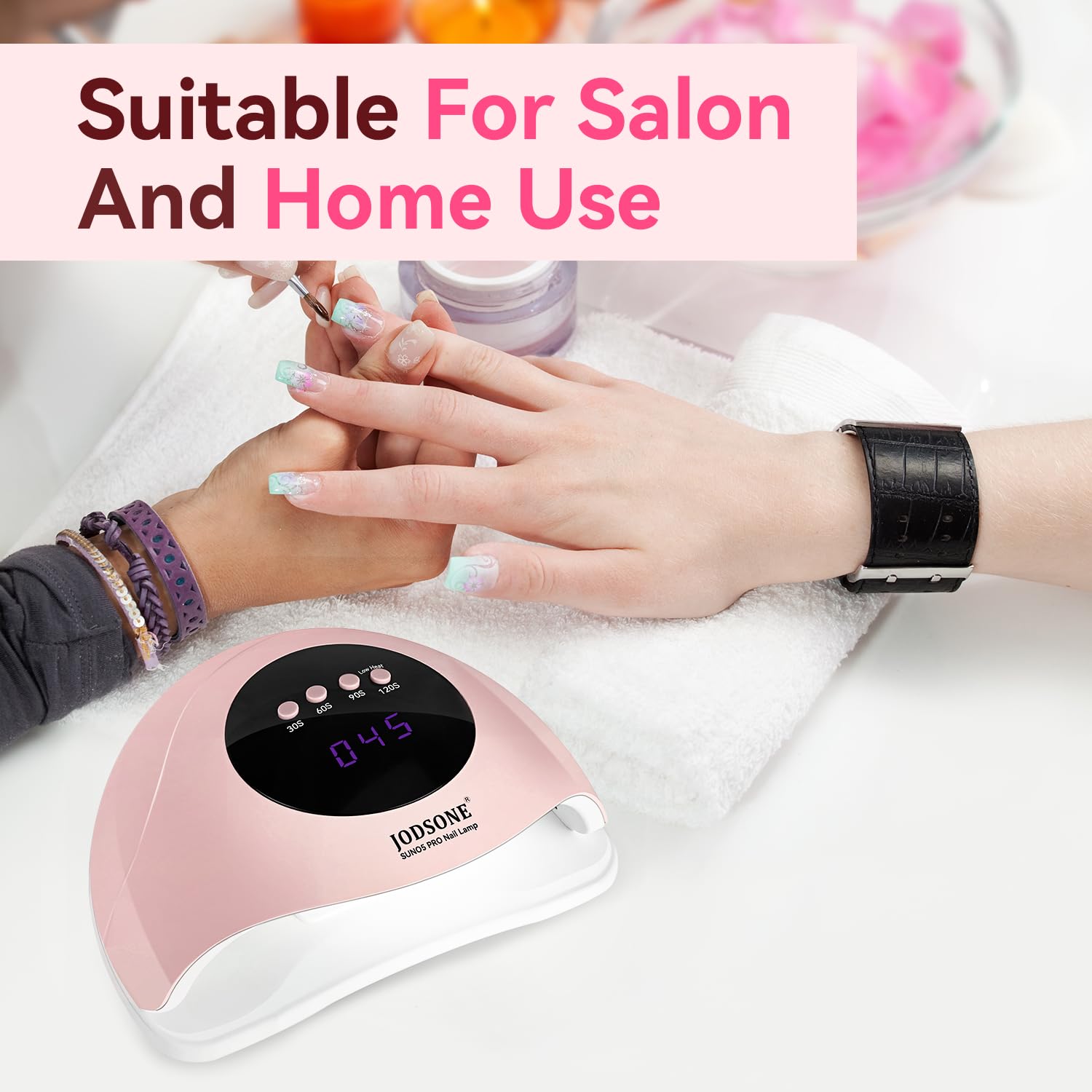 JODSONE pink color nail lamp on display highlighting stylish look and easy home use.