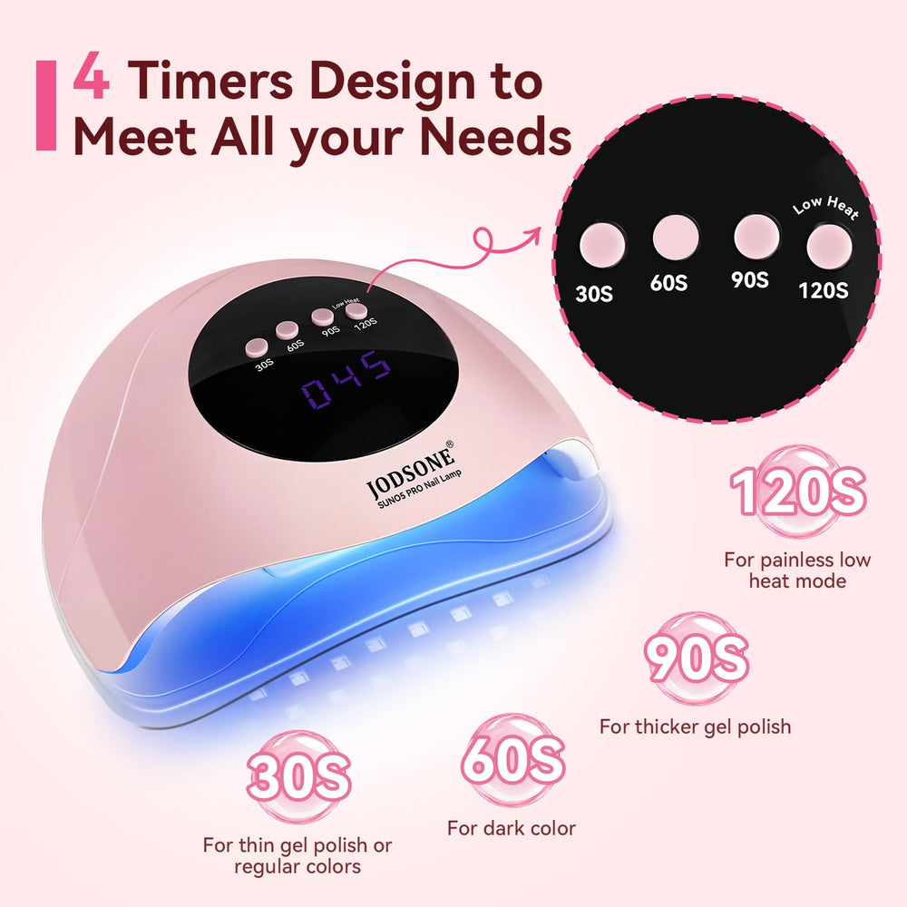 JODSONE nail lamp top view shows sleek profile and accessible 4-timer panel.