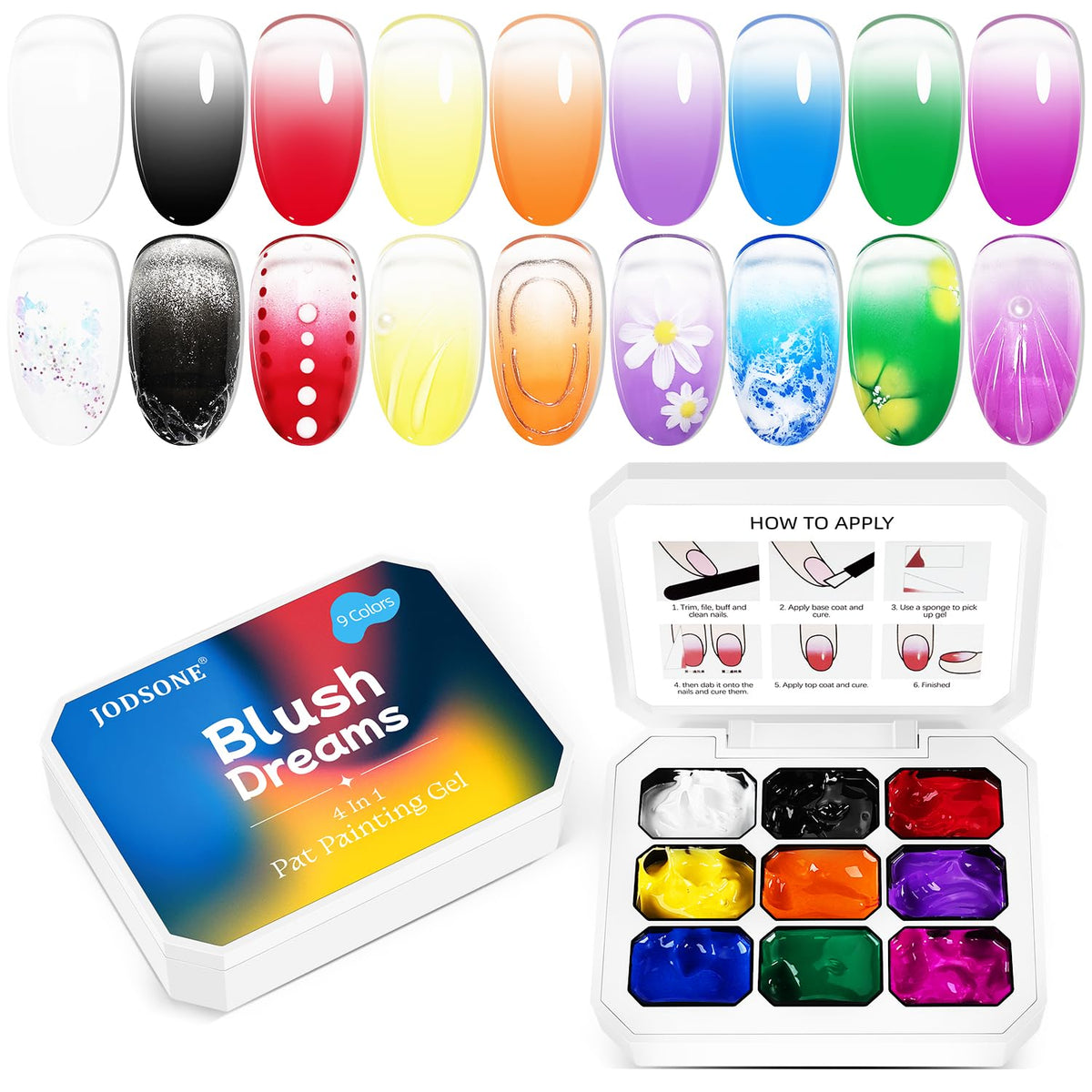 JODSONE sponge pat paint gel set in nine colors for easy at home gradient nails.