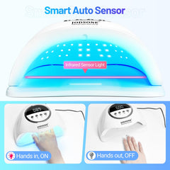 Hand under lamp shows gentle heat and even curing.