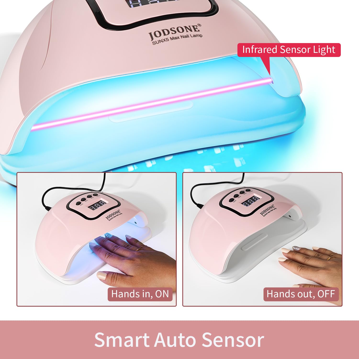 JODSONE UV LED nail lamp LCD display pink showing timer options