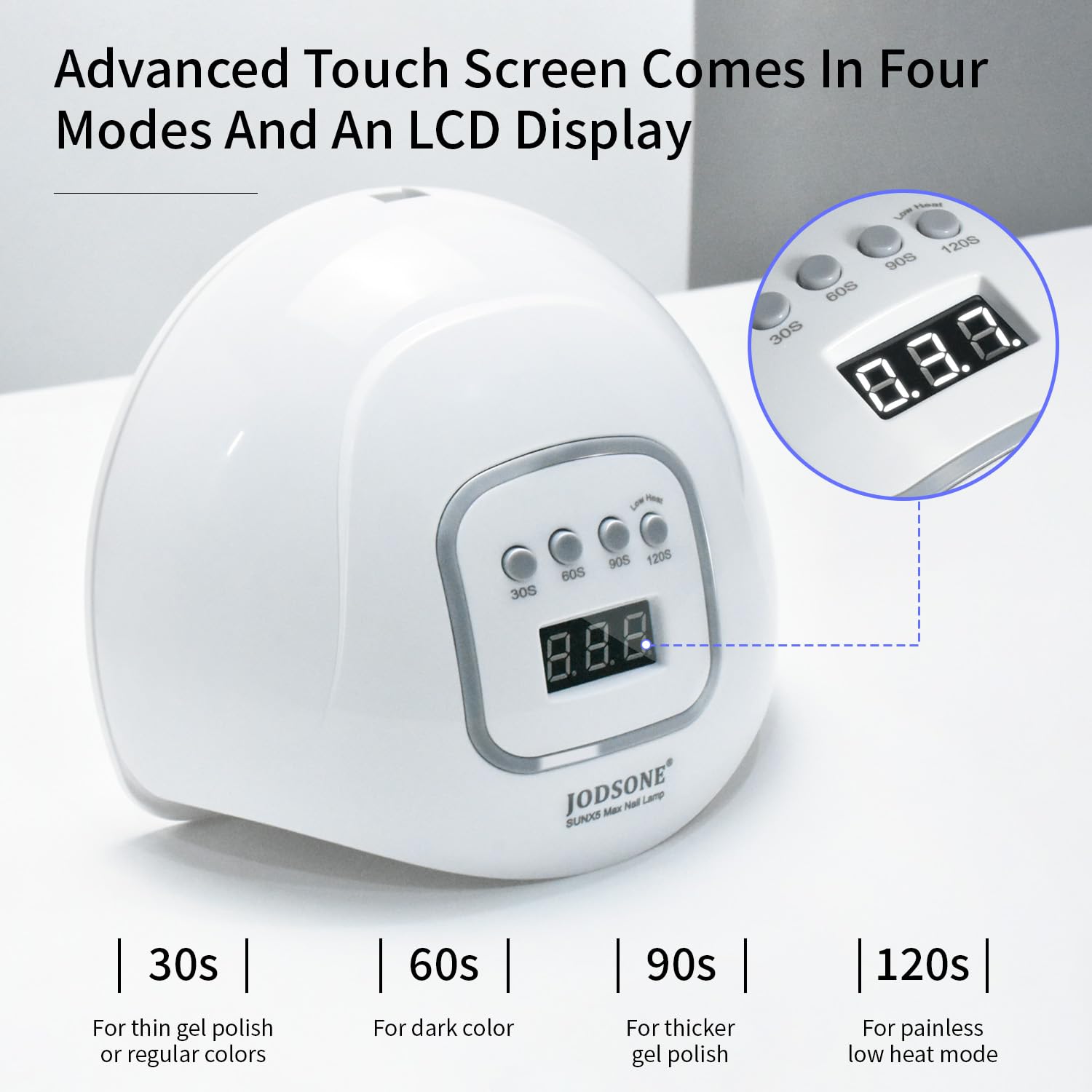 JODSONE UV nail lamp side profile highlighting compact footprint for small spaces.
