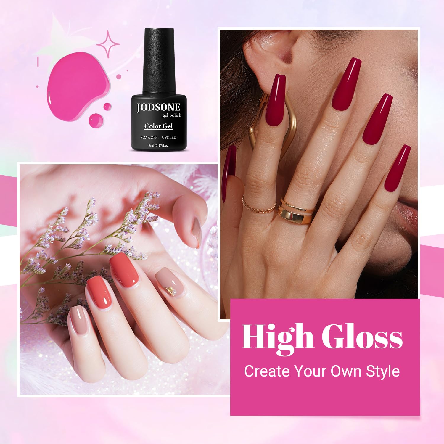 Esmalte gel destellos rojo de JODSONE para uñas vibrantes.