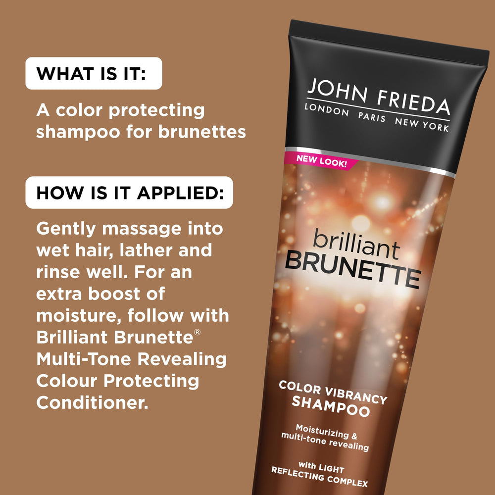 John Frieda Brilliant Brunette close-up hair shine with mirror-like gloss.