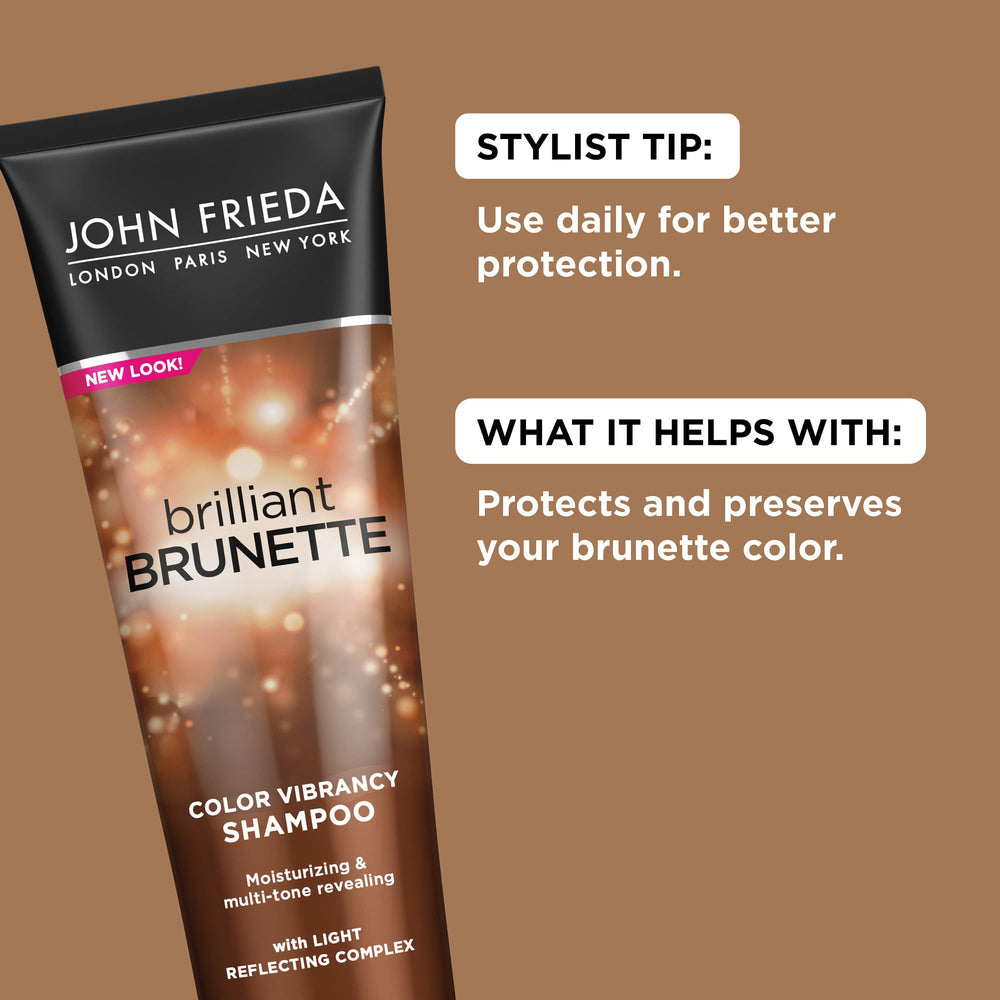 John Frieda Brilliant Brunette bottle with crushed pearls and almond oil for shine.