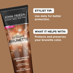 John Frieda Brilliant Brunette bottle with crushed pearls and almond oil for shine.