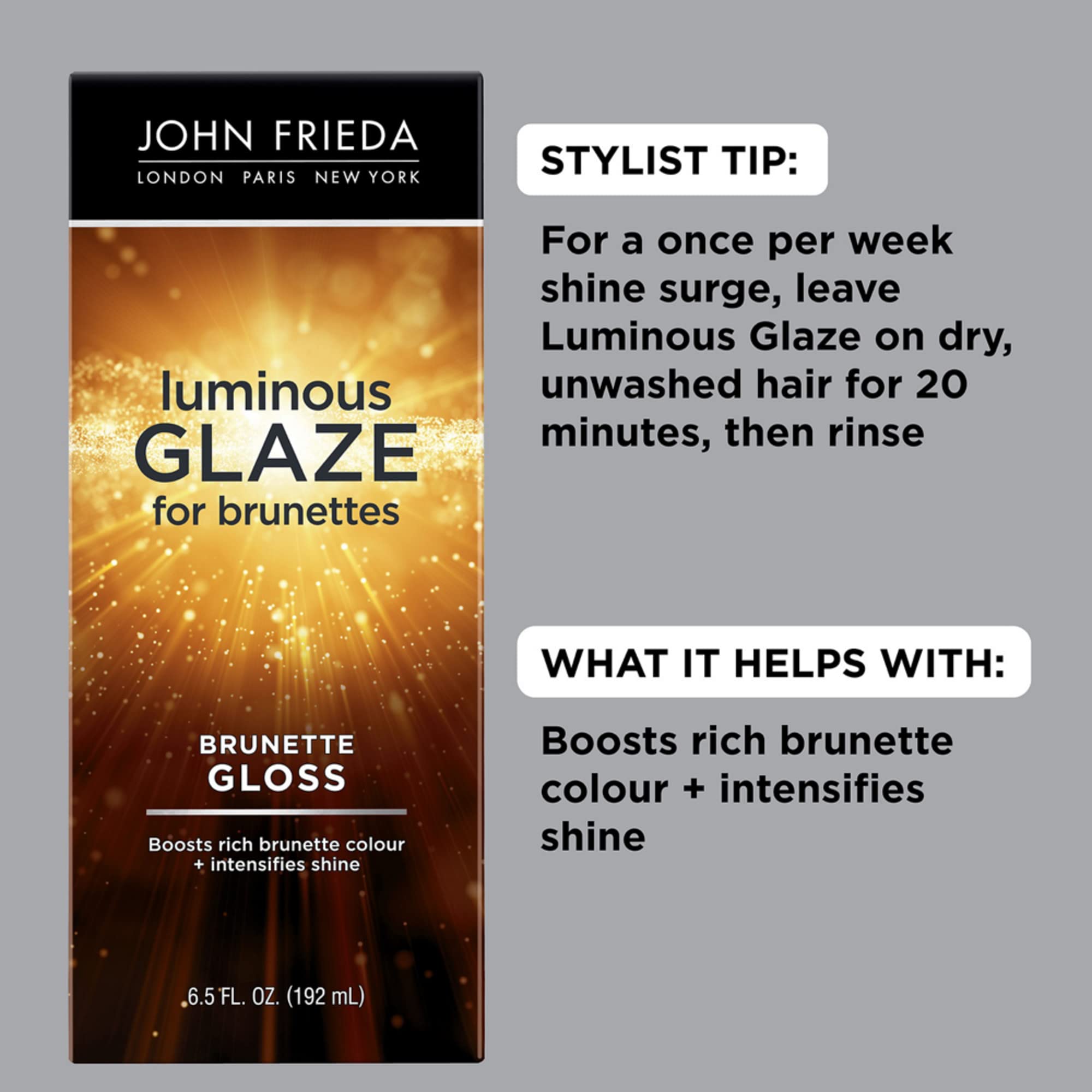 John Frieda Brilliant Brunette Luminous Glaze is applied to hair for a quick color boost.