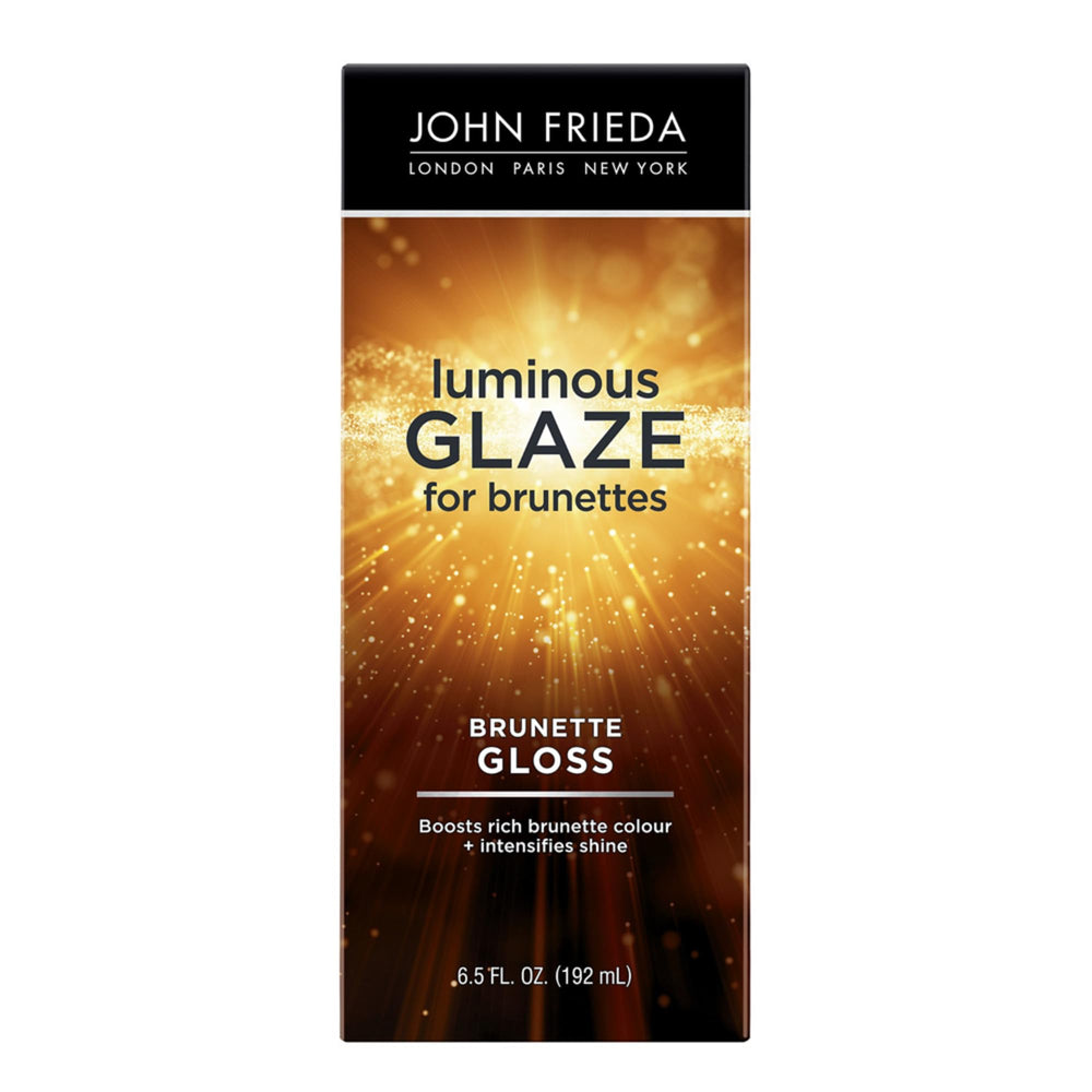 John Frieda Brilliant Brunette Luminous Glaze bottle showcasing gloss benefits for brunette hair.