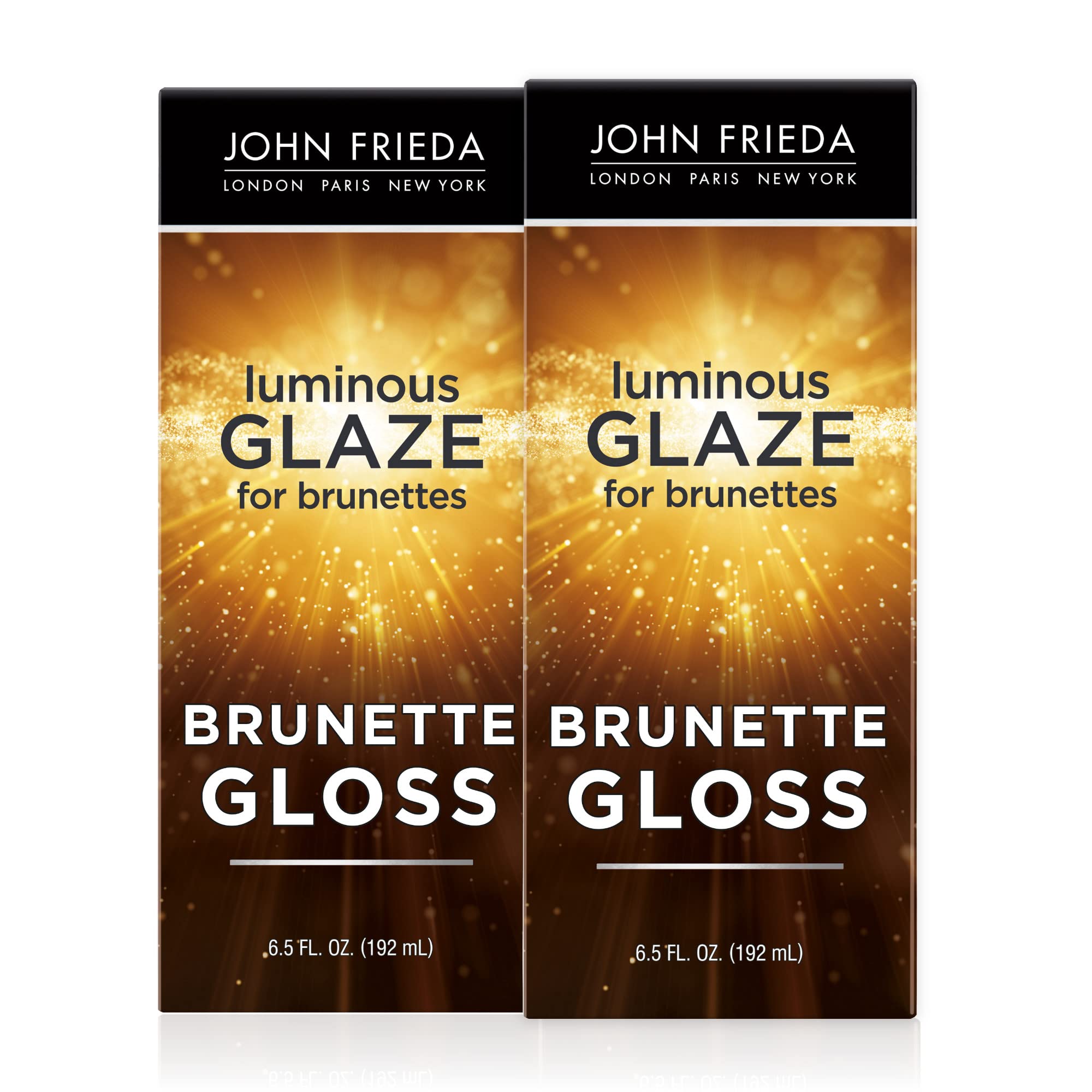 John Frieda Brilliant Brunette Luminous Glaze bottle shows rich color and radiant shine.