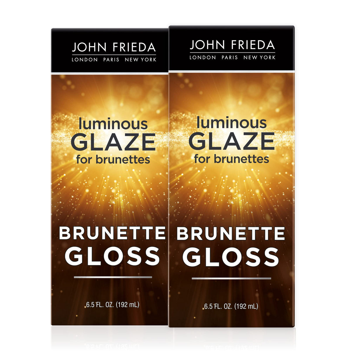 John Frieda Brilliant Brunette Luminous Glaze bottle shows rich color and radiant shine.