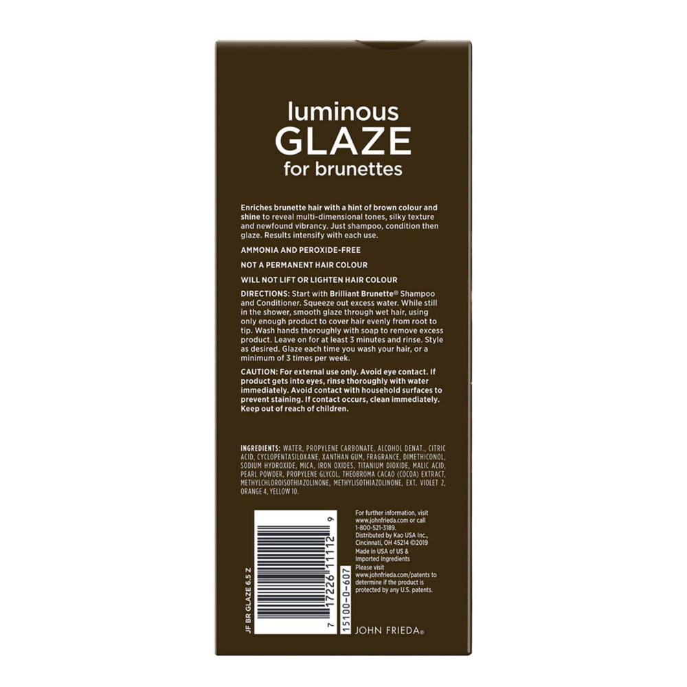 John Frieda Brilliant Brunette Luminous Glaze helps smooth damaged-looking surfaces for a sleek feel.