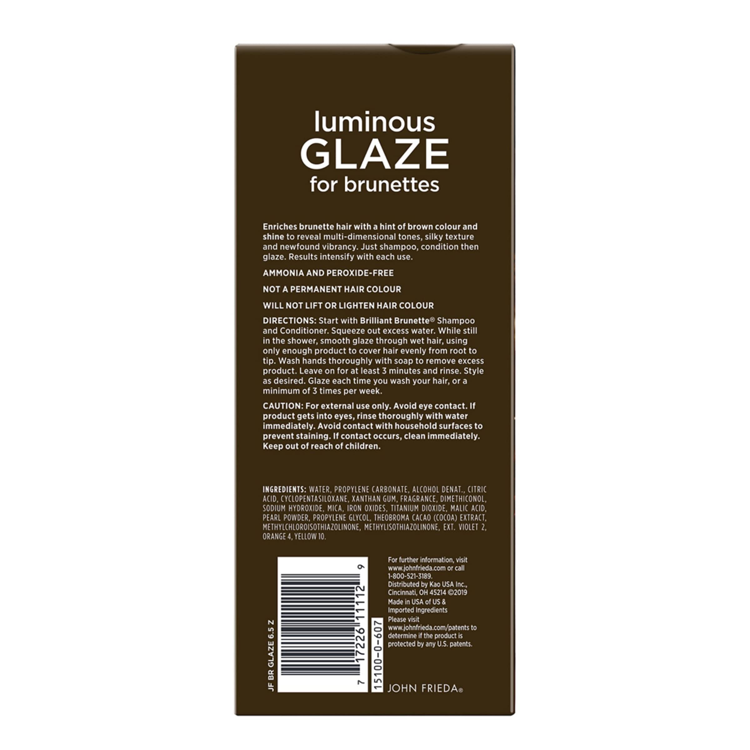 Silky, smooth brunette strands after applying John Frieda Luminous Glaze.