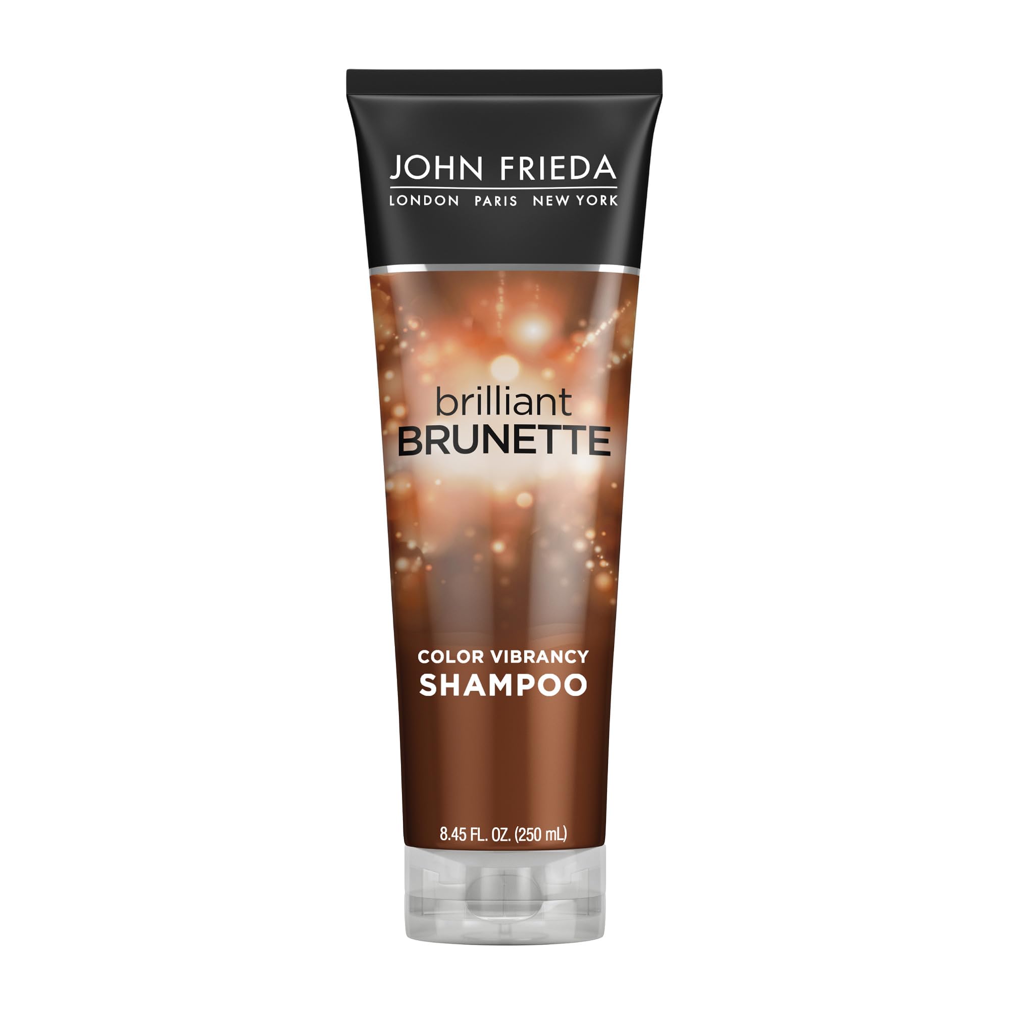 John Frieda Brilliant Brunette shampoo bottle highlights color protection for brunettes.
