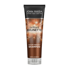 John Frieda Brilliant Brunette shampoo bottle highlights color protection for brunettes.