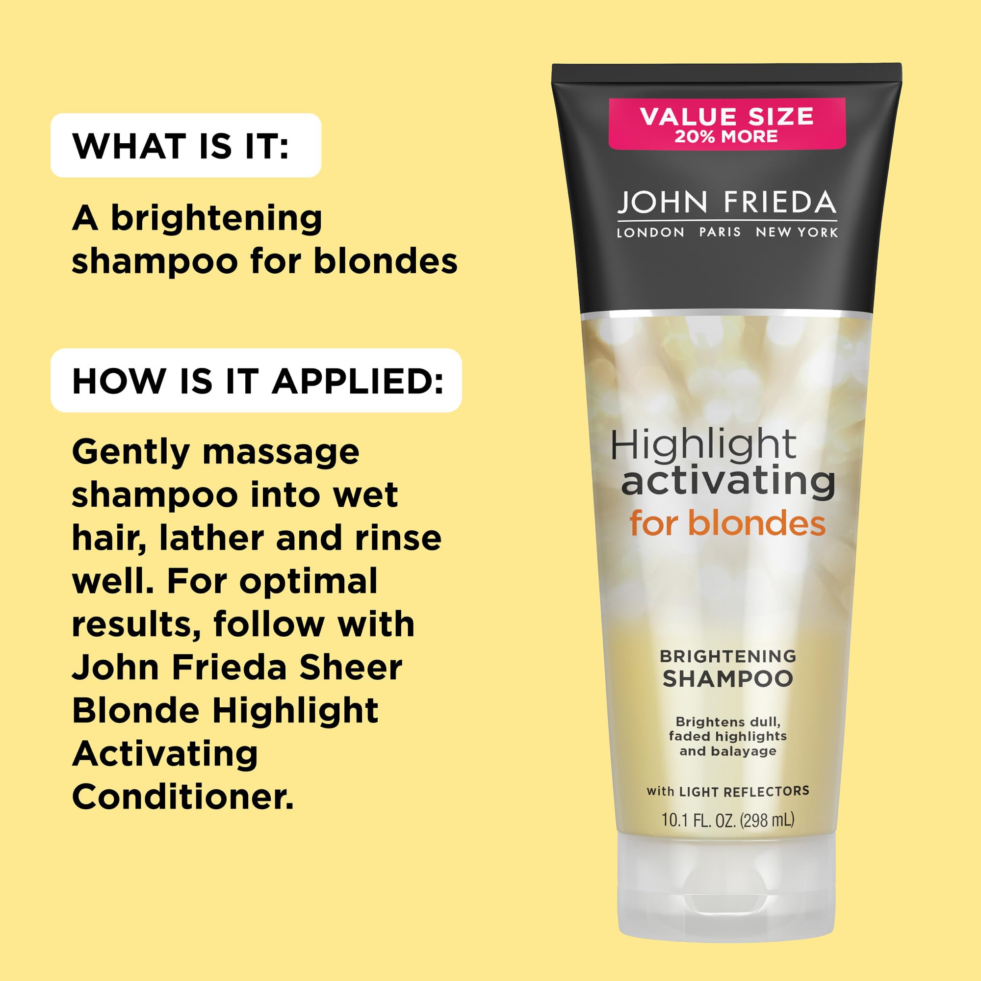 John Frieda Champú iluminador para rubios, estante de baño como parte de la rutina.