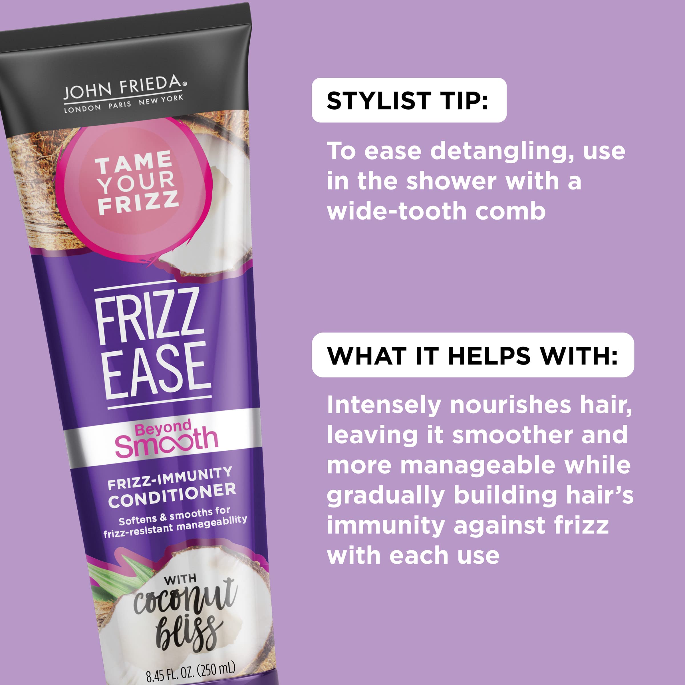 John Frieda Frizz Ease Beyond Smooth, aceite de coco, nutre las fibras capilares.